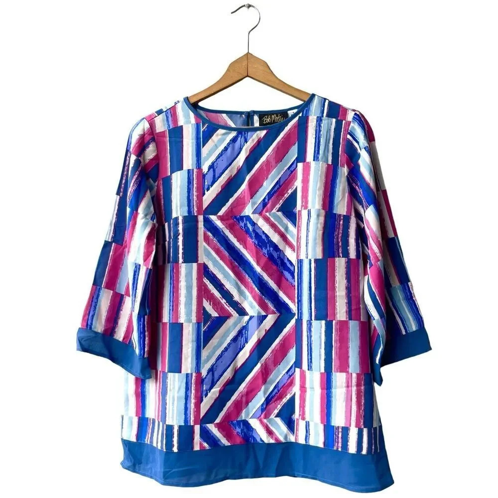 BOB MACKIE Abstract Stripe Tunic Top w/ Chiffon Trim Blouse Women’s Size Small